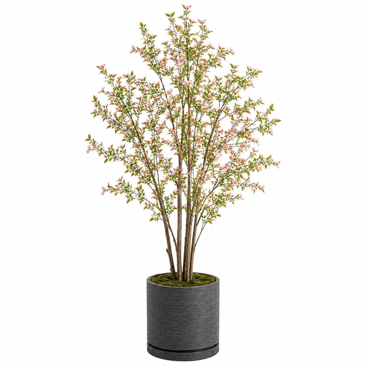 Plante artificielle fleurie 180 cm - tronc en bois feuillage vert fleurs roses en pot pour intérieur