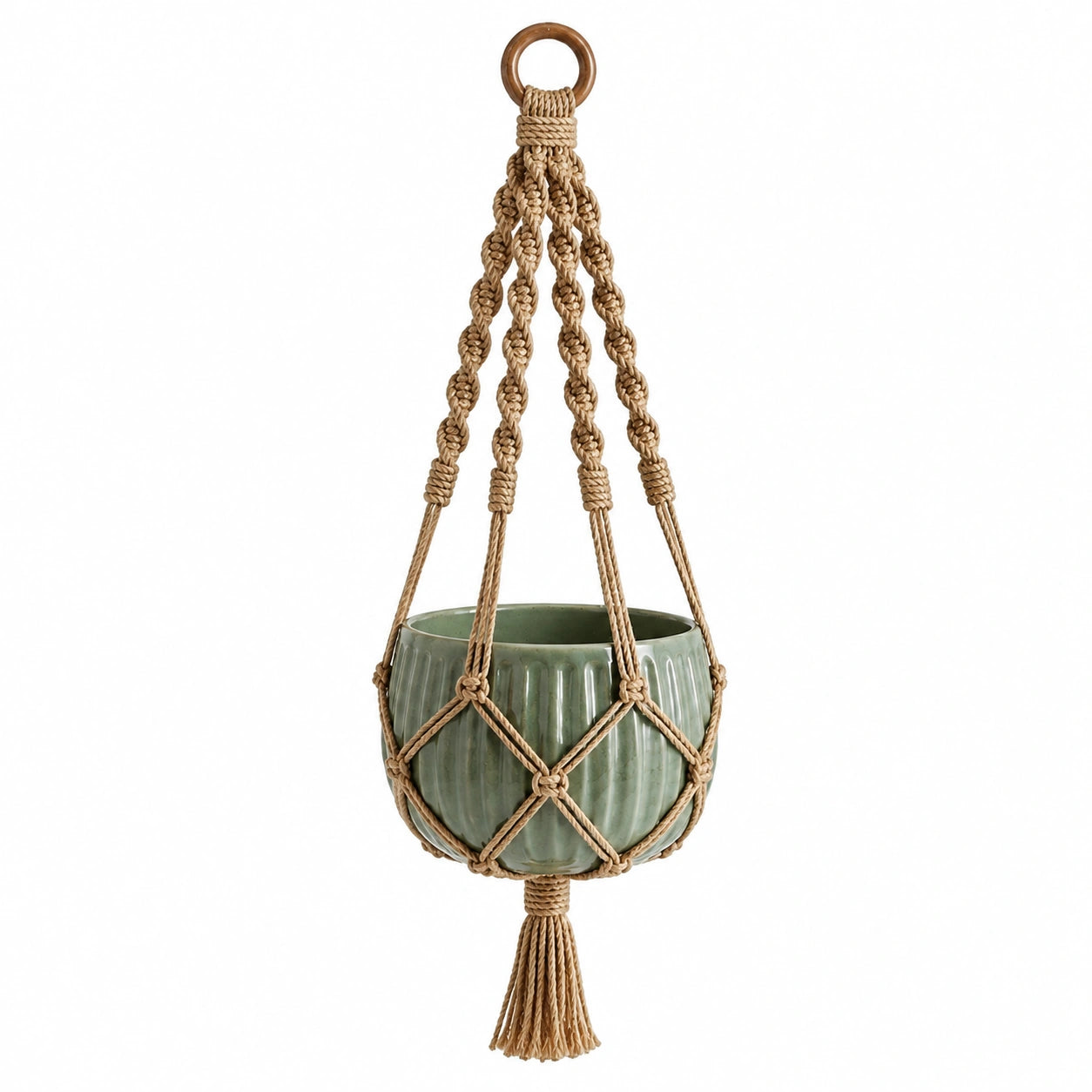 Pot de fleurs suspendu Ø 18 cm en céramique verte avec suspension en corde style bohème