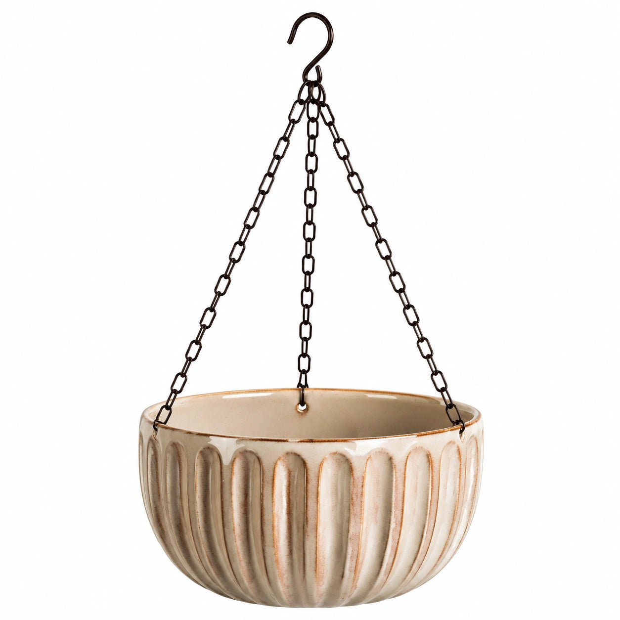Pot de fleurs suspendu diamètre 30 cm en céramique beige avec chaînes métalliques pour plantes