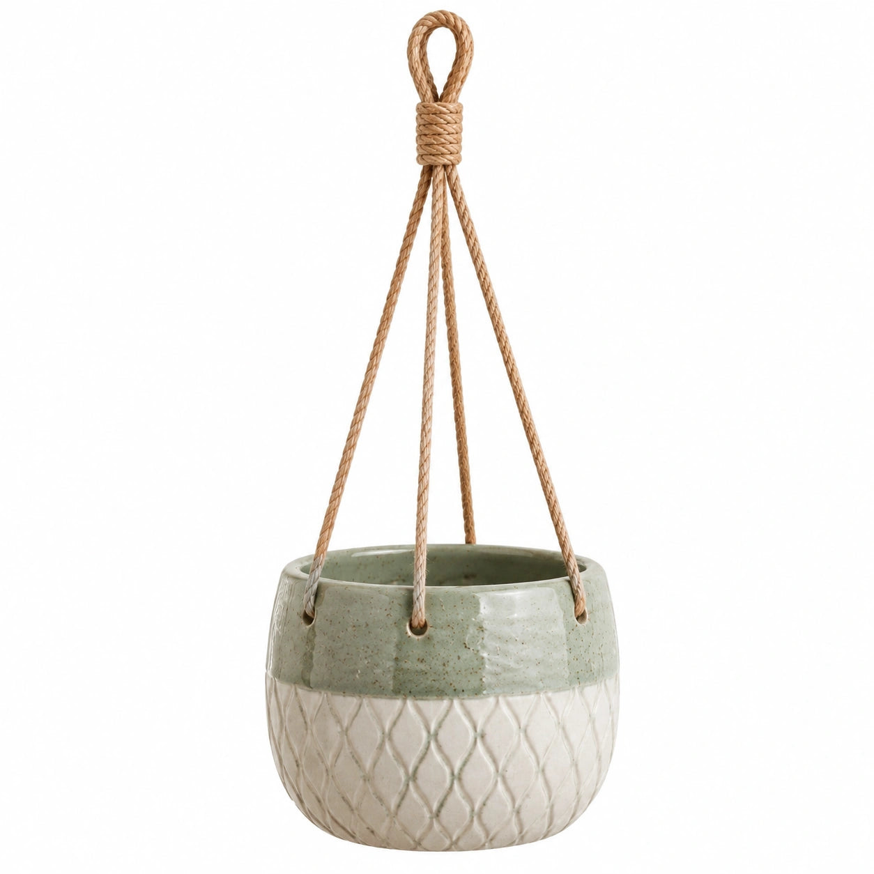 Pot de fleurs suspendu 18 x 15 cm en céramique vert blanc avec corde tressée décoratif