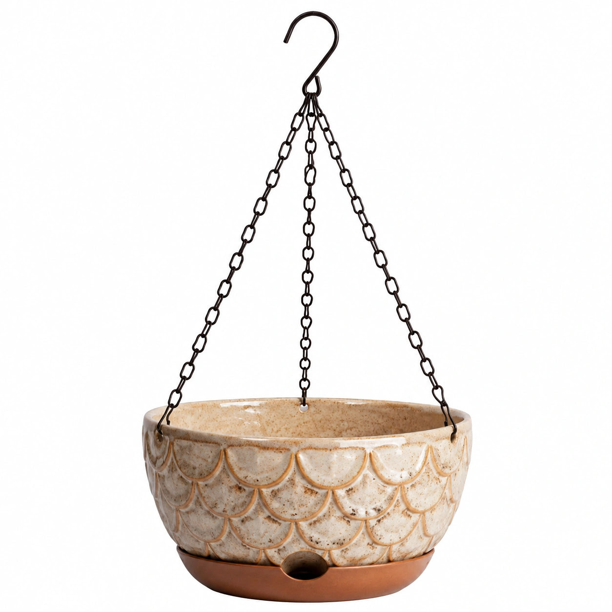 Jardinière suspendue Ø30 cm en céramique beige avec chaîne métallique et drainage