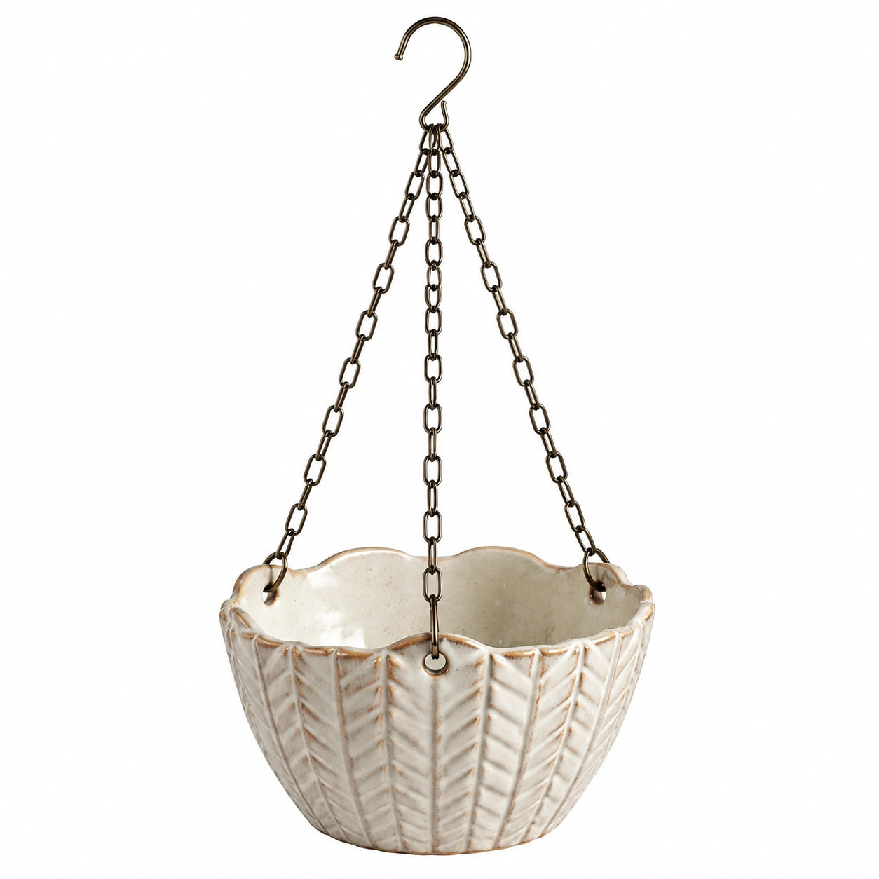 Pot de fleurs suspendu 18 x 13 cm en céramique beige avec chaînes métalliques style feuille