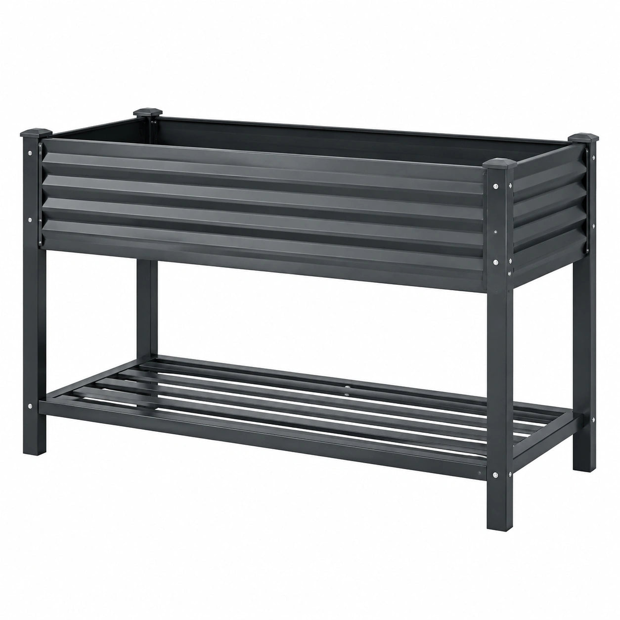 Jardinière surélevée 120 x 60 x 80 cm en acier noir avec étagère de rangement