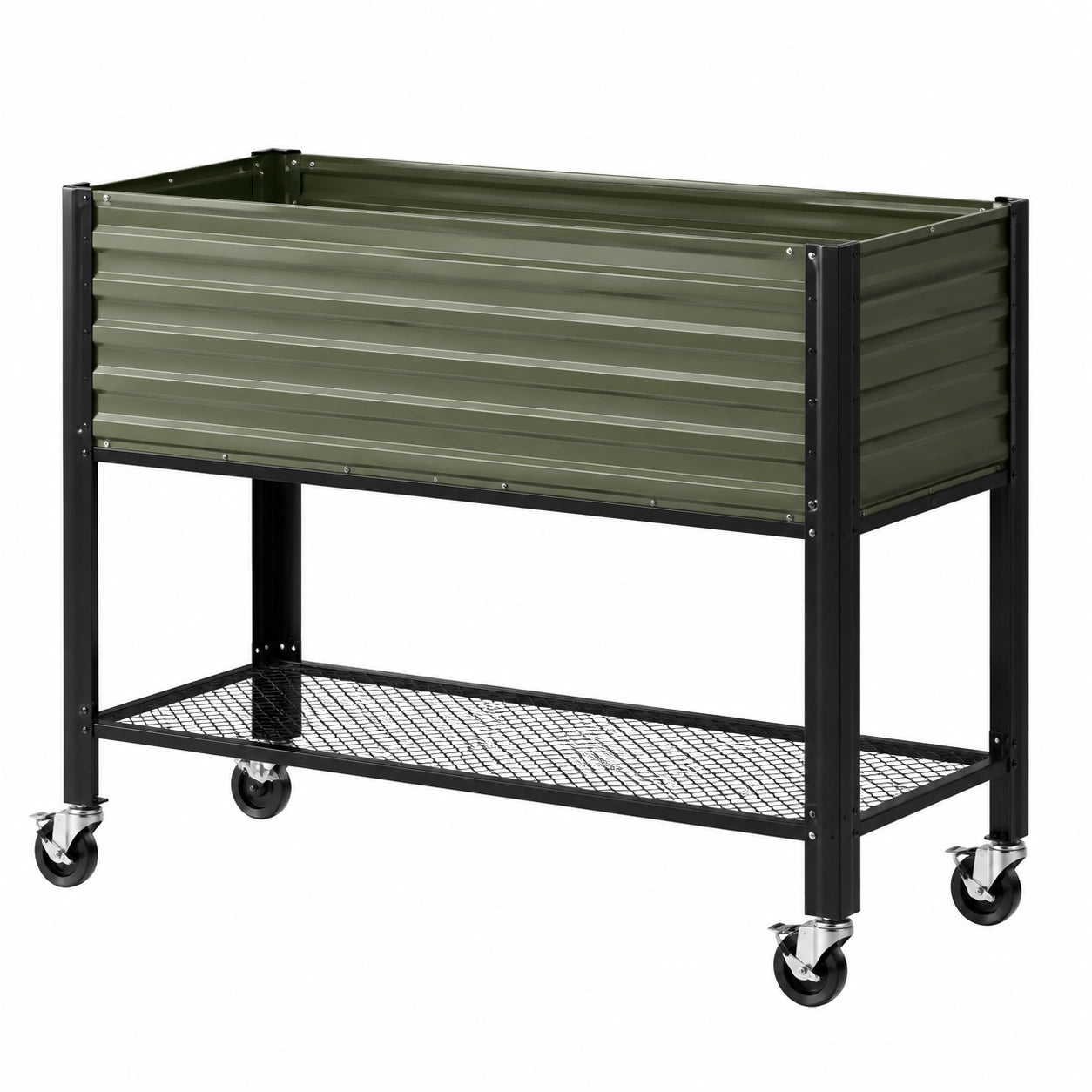 Jardinière surélevée 120 x 60 x 90 cm en acier vert avec roulettes et étagère
