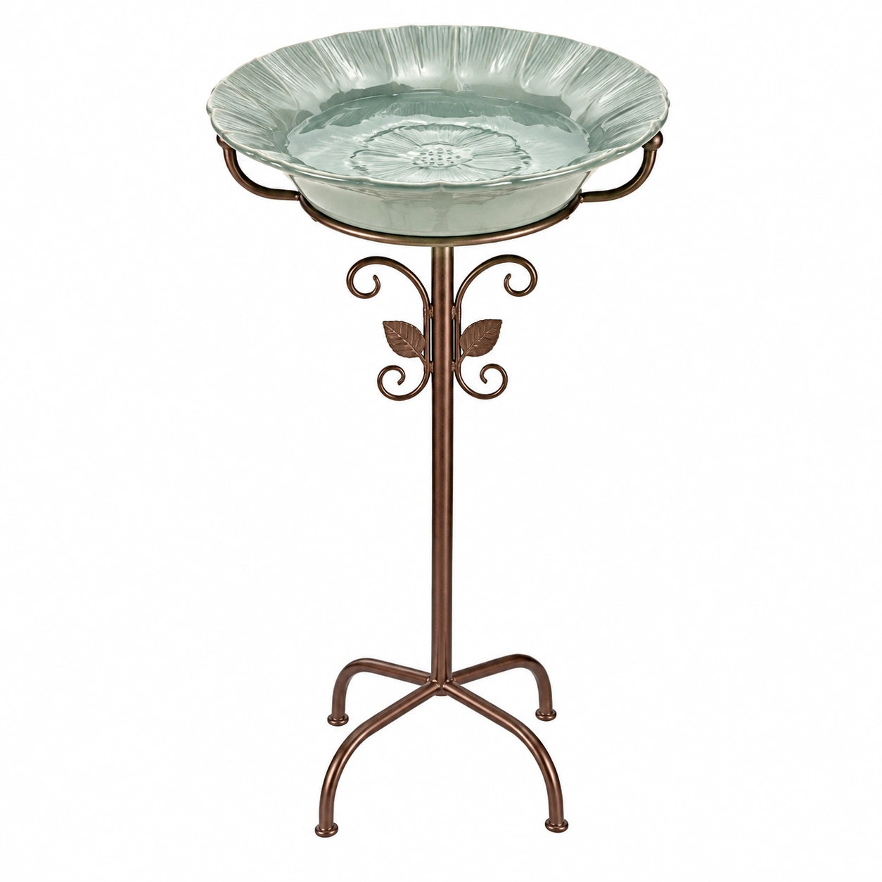 Bain d'oiseaux sur pied diamètre 40 cm verre vert et métal brun style floral pour jardin