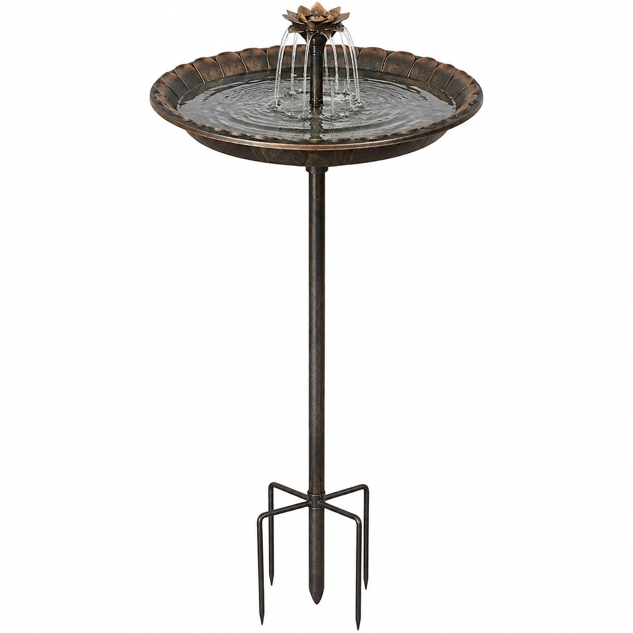 Bain d'oiseaux 50 cm en métal brun avec fontaine sur piquet de jardin