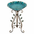 Bain d'oiseaux sur pied diamètre 45 cm verre turquoise et métal style floral