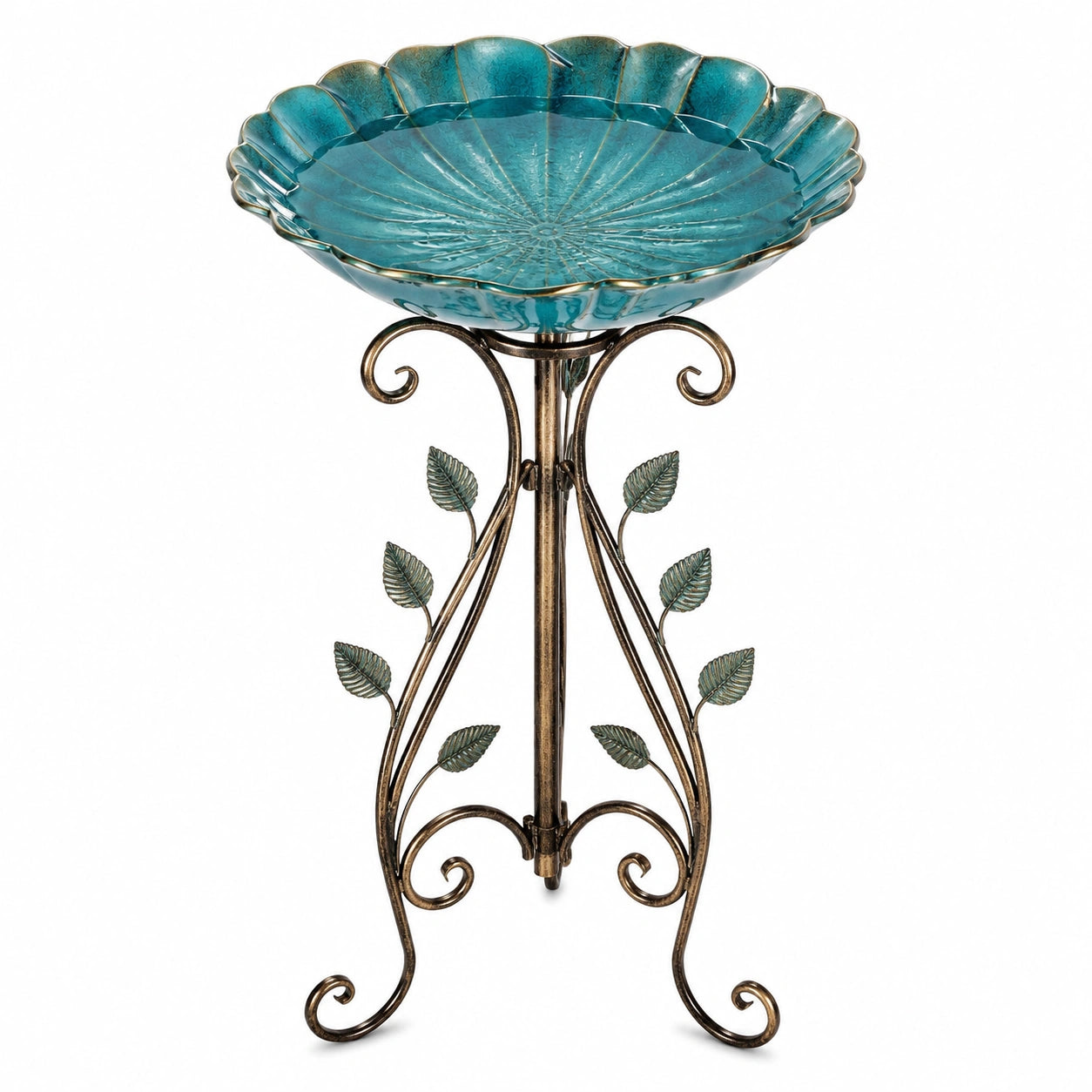 Bain d'oiseaux sur pied diamètre 45 cm verre turquoise et métal style floral