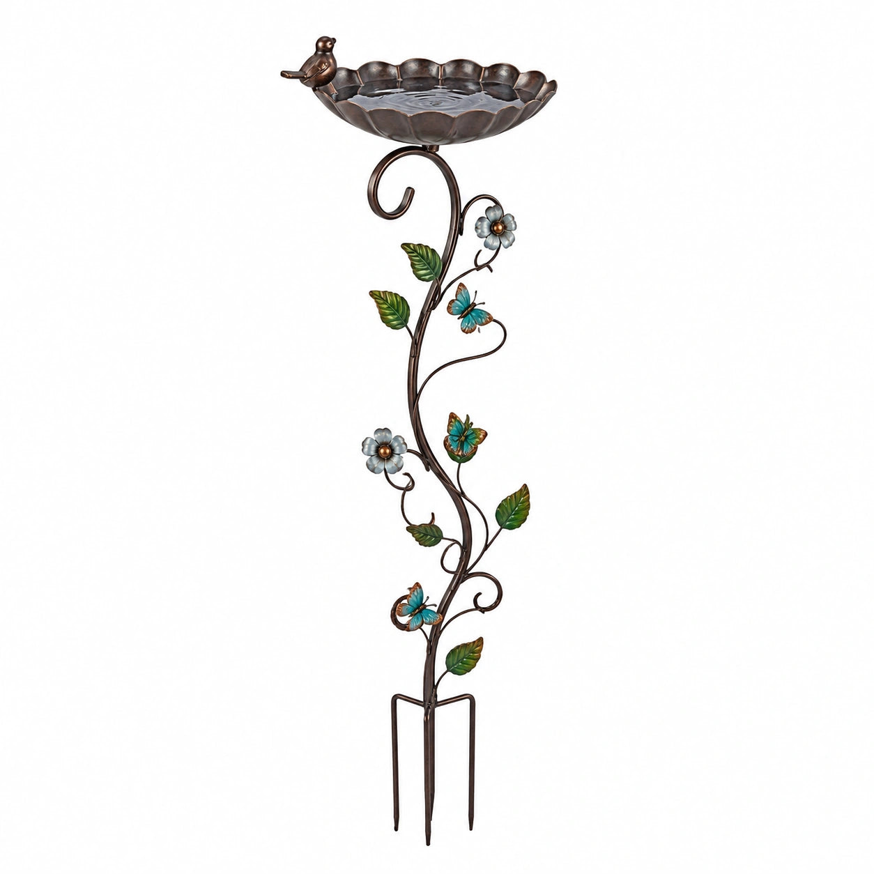 Bain d'oiseaux sur pied 105 cm en métal bronze décor floral pour jardin