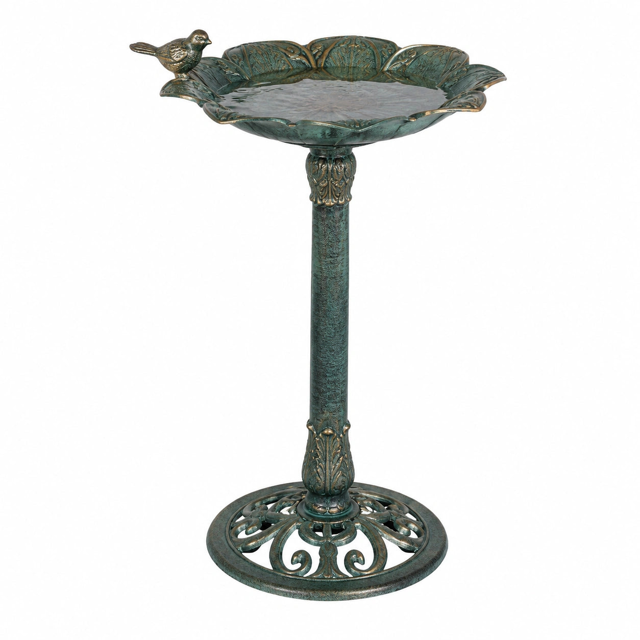 Bain d oiseaux sur pied diamètre 43 cm hauteur 71 cm en métal vert bronze décor feuillage pour jardin