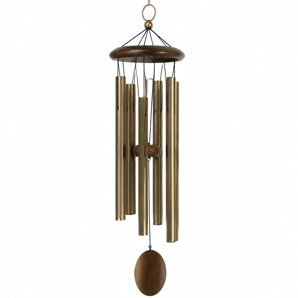 Carillon à vent 100 cm en métal doré et bois - suspension décorative à tubes sonores