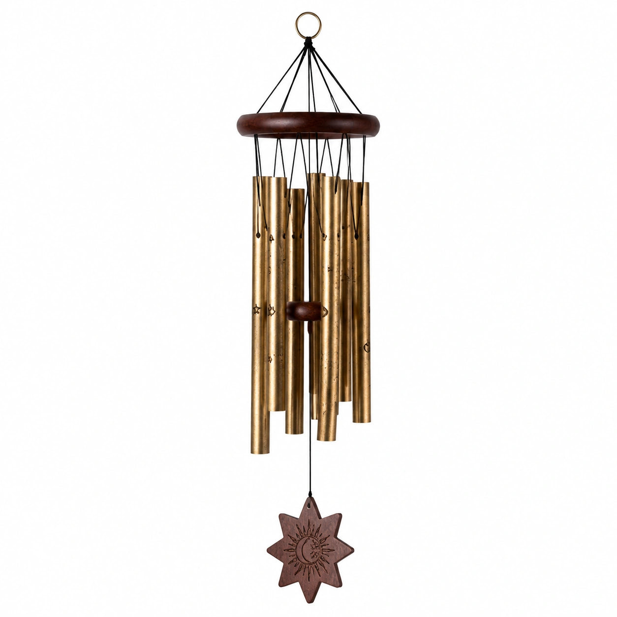 Carillon éolien 75 cm en métal finition laiton et bois brun décoratif suspendu