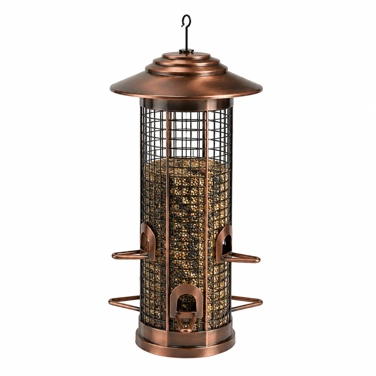 Mangeoire à oiseaux cylindrique Ø20 cm x H38 cm en métal cuivre/noir à suspendre avec perchoirs