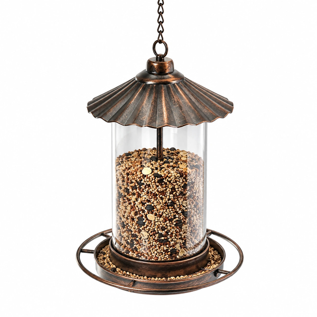 Mangeoire à oiseaux suspendue Ø 25 cm métal et verre brun style rustique