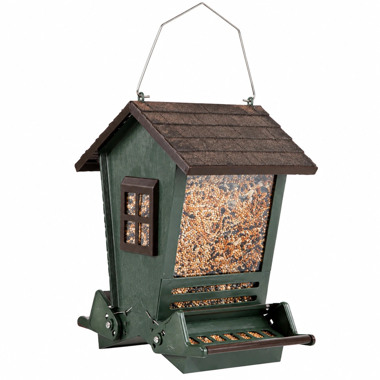 Mangeoire à oiseaux 28 x 23 x 36 cm en métal vert à suspendre avec distributeur de graines
