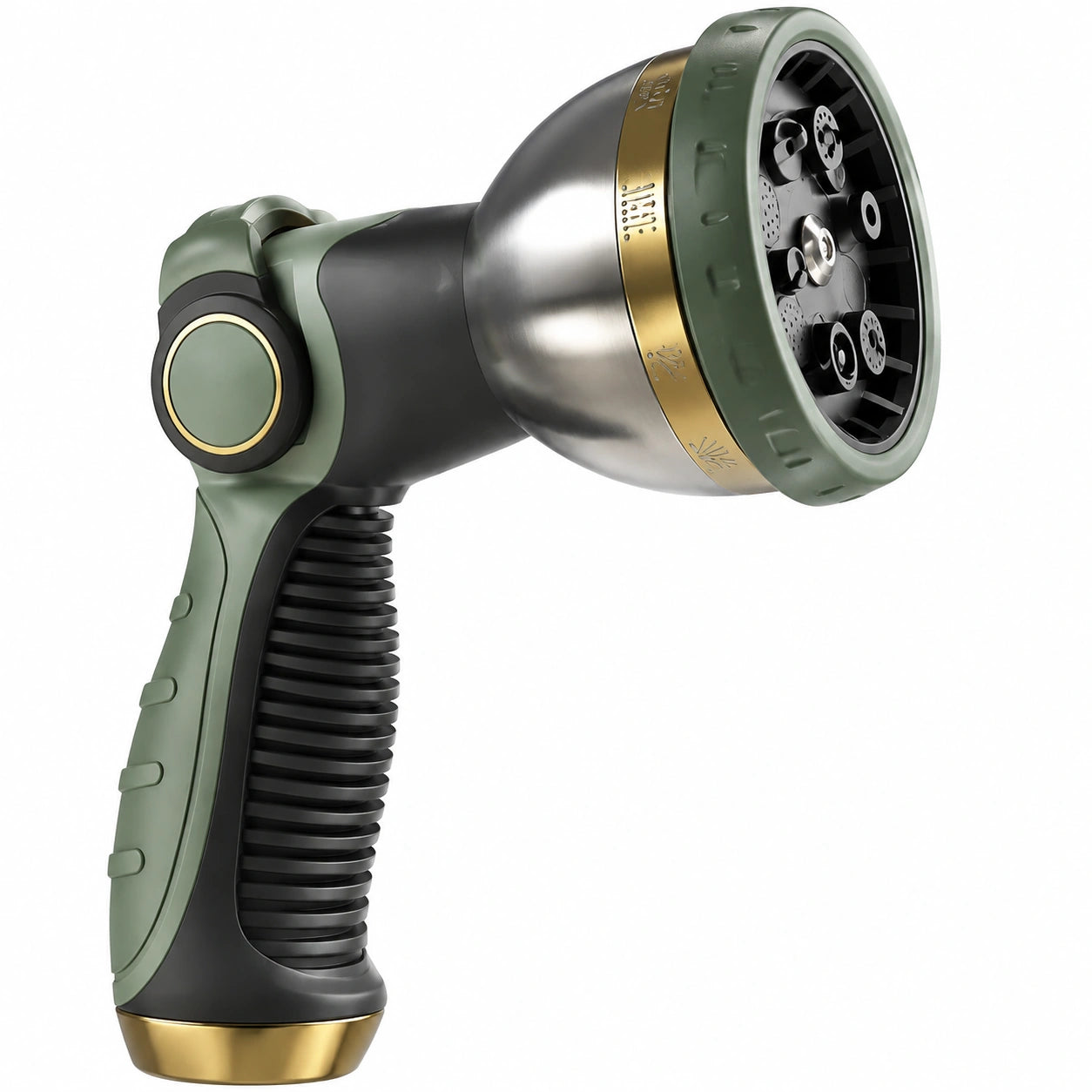 Pistolet d'arrosage 20 x 14 cm en plastique vert noir et doré à jets réglables